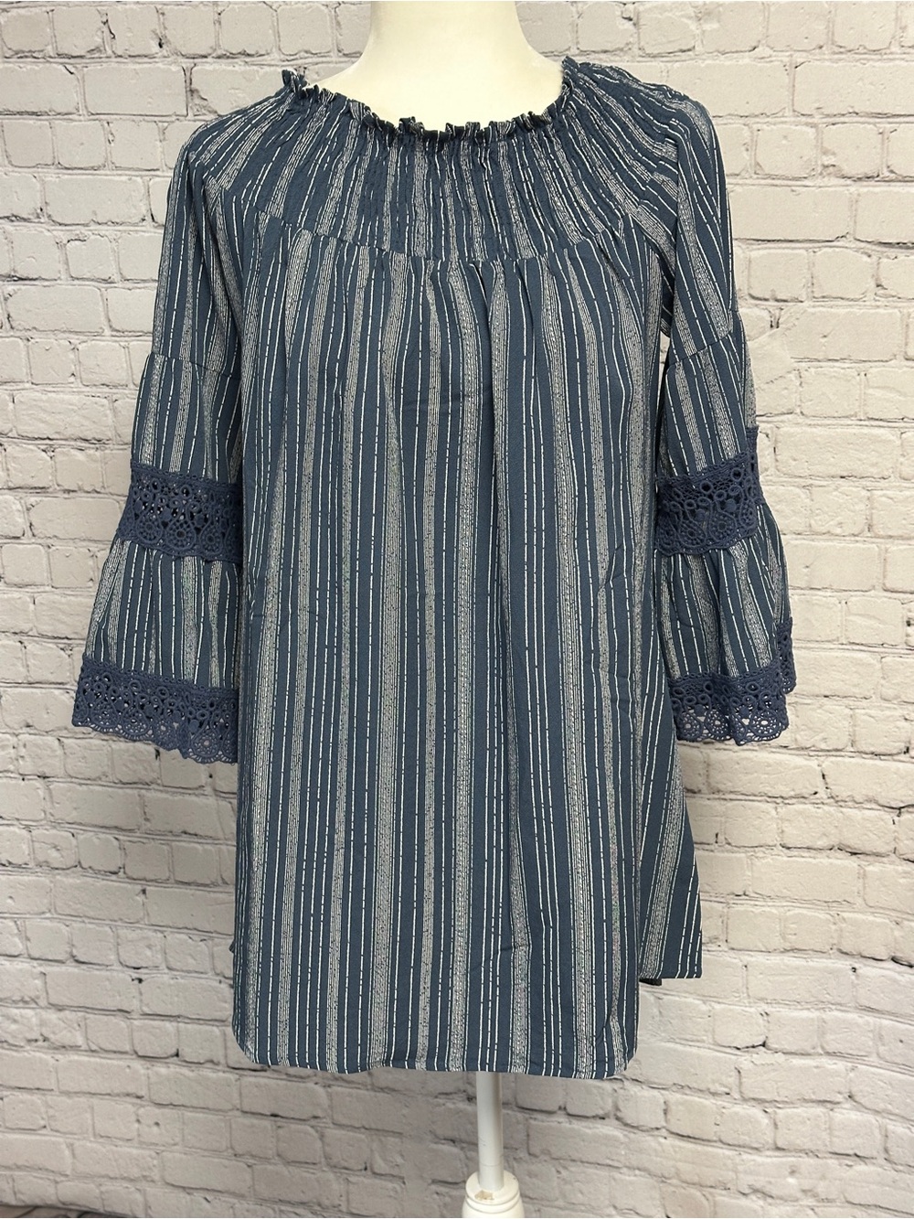 Blue Striped Peasant Off ShoulderTunic with Lace Trim